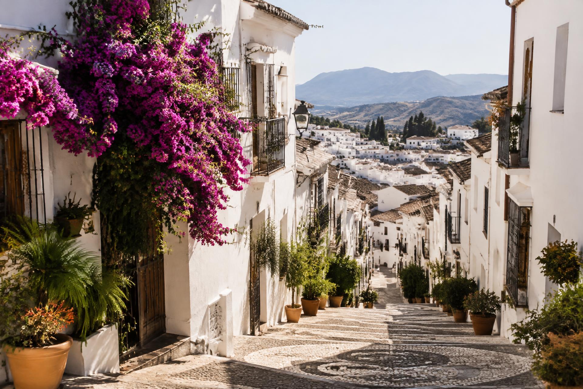 Vitkalkad by med bougainvillea